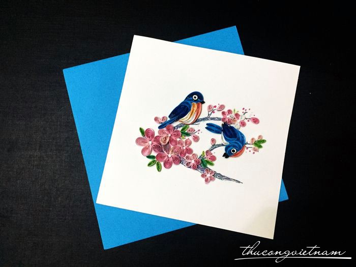 Thiệp năm mới quilling hoa đào và chim én mẫu 3